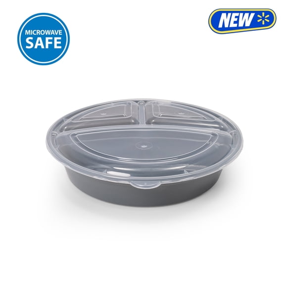 Mainstays 5-Pack 3-Compartment Round BPA-Free Plastic Meal Prep Food Storage Containers, 1L, Soothing Grey