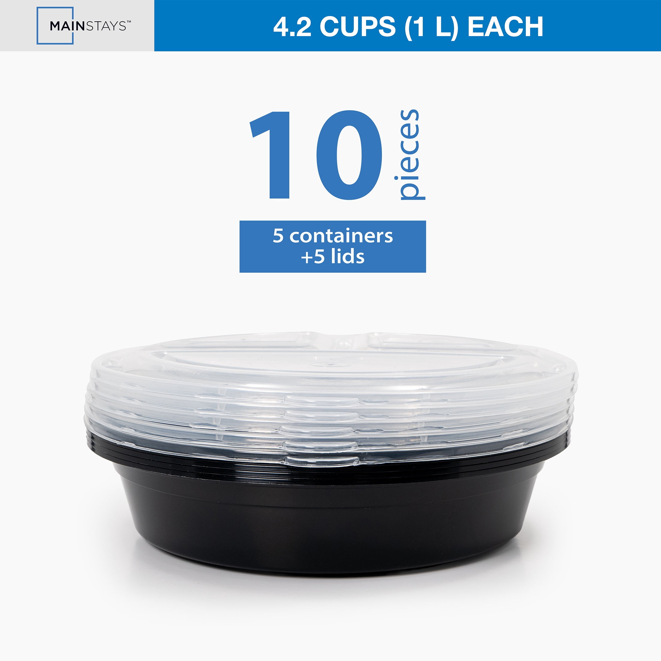 Mainstays 10-Piece (5 Containers + 5 Lids) Round Meal Prep Containers, 3-Compartments, 1L, BPA-Free, Microwave & Dishwasher Safe