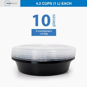 Mainstays 10-Piece (5 Containers + 5 Lids) Round Meal Prep Containers, 3-Compartments, 1L, BPA-Free, Microwave & Dishwasher Safe