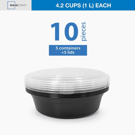 Mainstays 10-Piece (5 Containers + 5 Lids) Round Meal Prep, 1L BPA-Free Microwave & Dishwasher Safe
