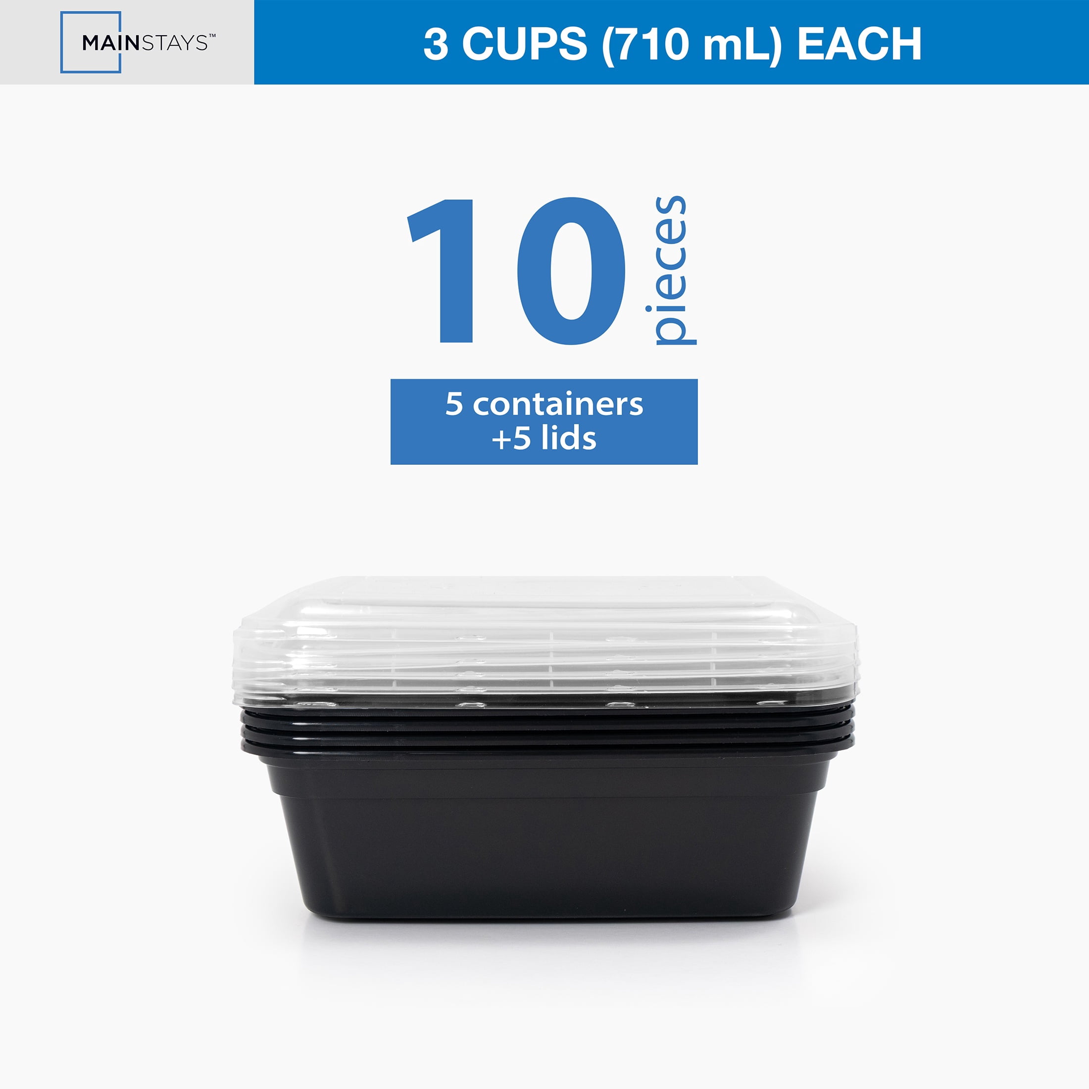 Mainstays 10 piece (5 Containers + 5 Lids) 3-Cup Snack Meal Prep, BPA-Free, Microwave & Dishwasher Safe