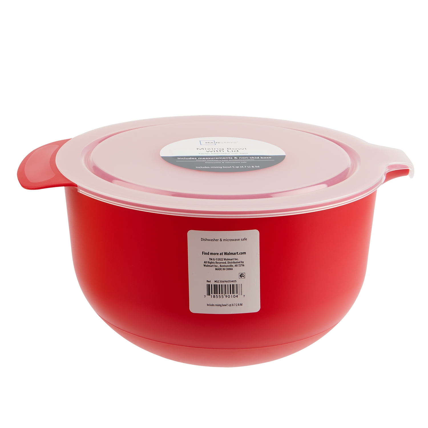 Mainstays 5QT Non-Skid Mixing Bowl with Lid, Red
