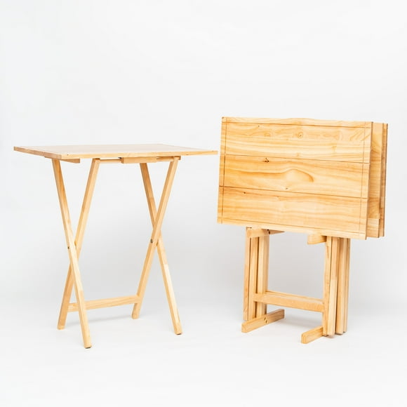 Mainstays Folding XL Oversize TV Tray Set of 4 with Storage Rack, Farmhouse Natural Finish