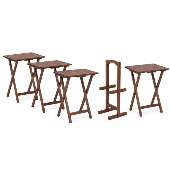 Mainstays 5-Piece Farmhouse XL Rubberwood Folding TV Tray Set with Storage Rack, Walnut