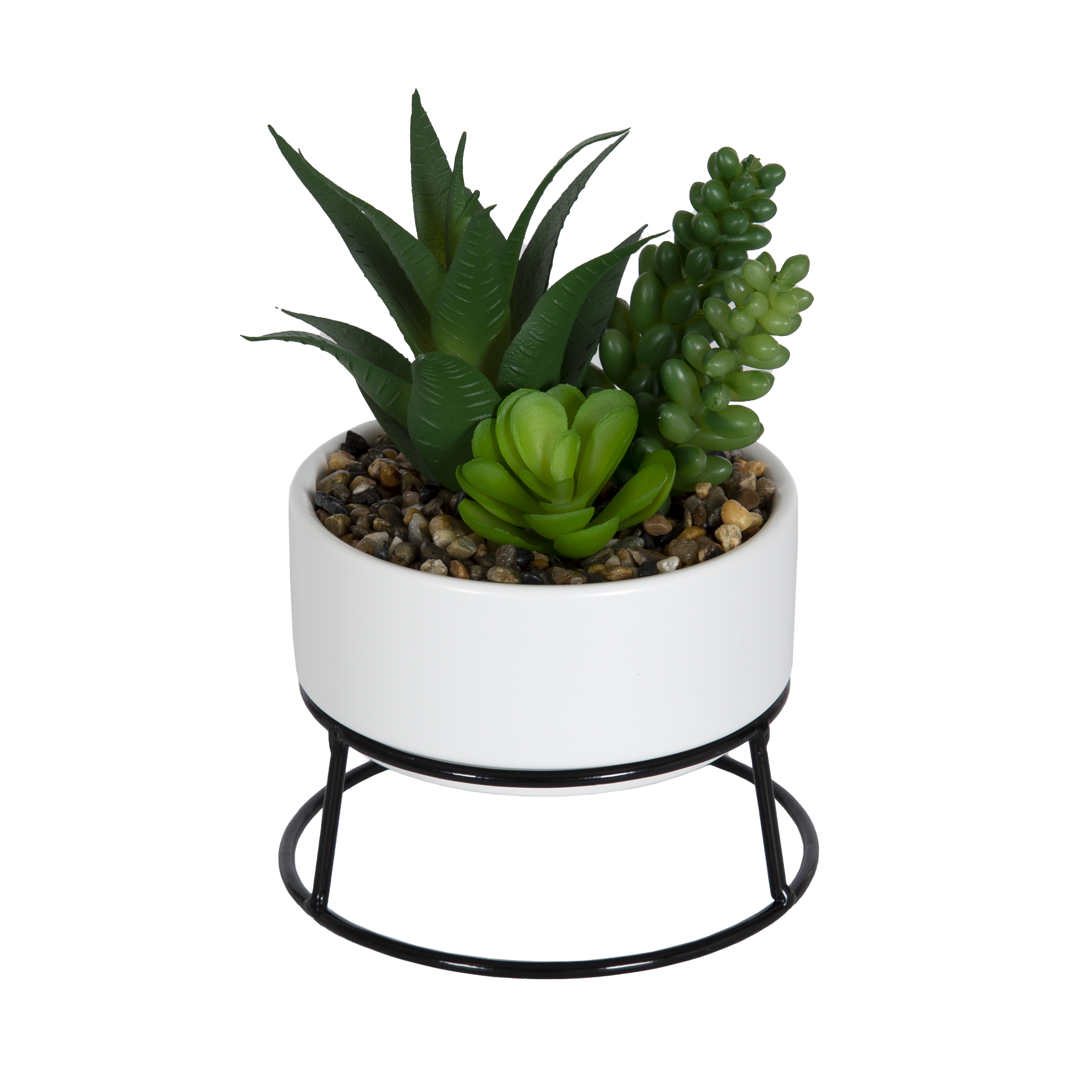 Mainstays 65 Artificial Mixed Succulents In White Ceramic Planter With Black Metal Stand 3986