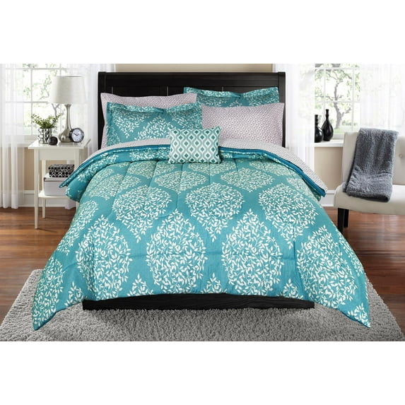 Mainstays 6-8 Piece Blue Leaf Damask Bed in a Bag Set, Twin/XL