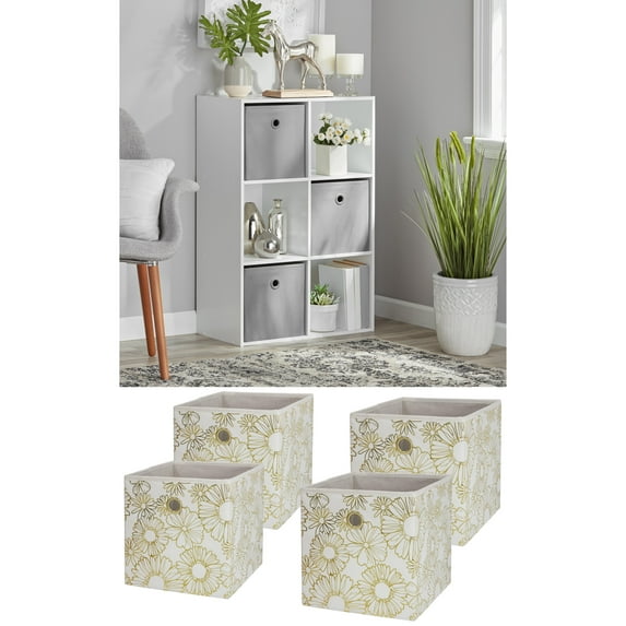 Mainstays 6 Cube Storage Organizer, White and Mainstays Collapsible Fabric Cube Storage Bins (10.5" x 10.5"), Gold Metallic, 4 Pack