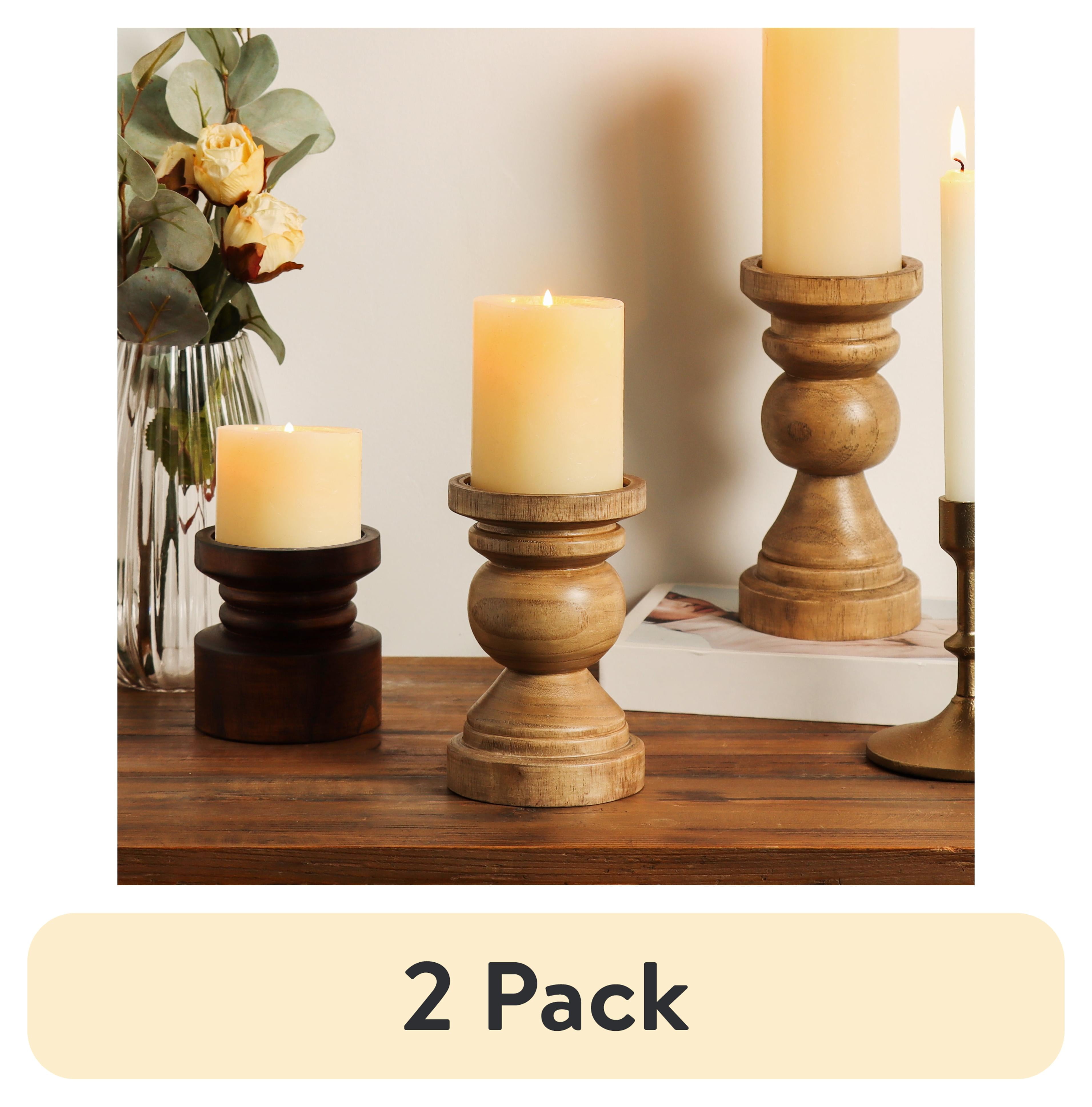 Natural Light Brown Wood Pillar Candleholder, 6" Tall