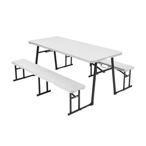 Living and More 3-Piece Picnic Table Set, 6 Foot Polyethylene Folding Table with 2 Folding Benches, Weather Resistant, Indoor Outdoor, White Wood Finish with Black Legs
