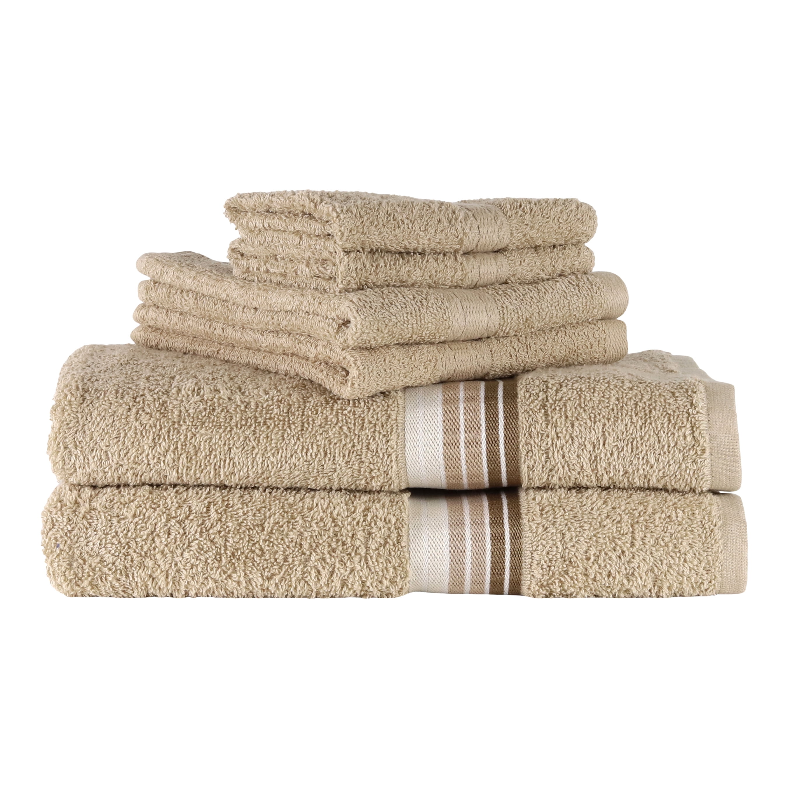 Mainstays 6 Piece 100% Cotton Towel Set, 2 Striped Bath , 2 Hand and 2 Washcloths,Super Soft and Highly Absorbent basic Premium Towel Set, for Bathroom, Hotels, Spa and Gym – Tan