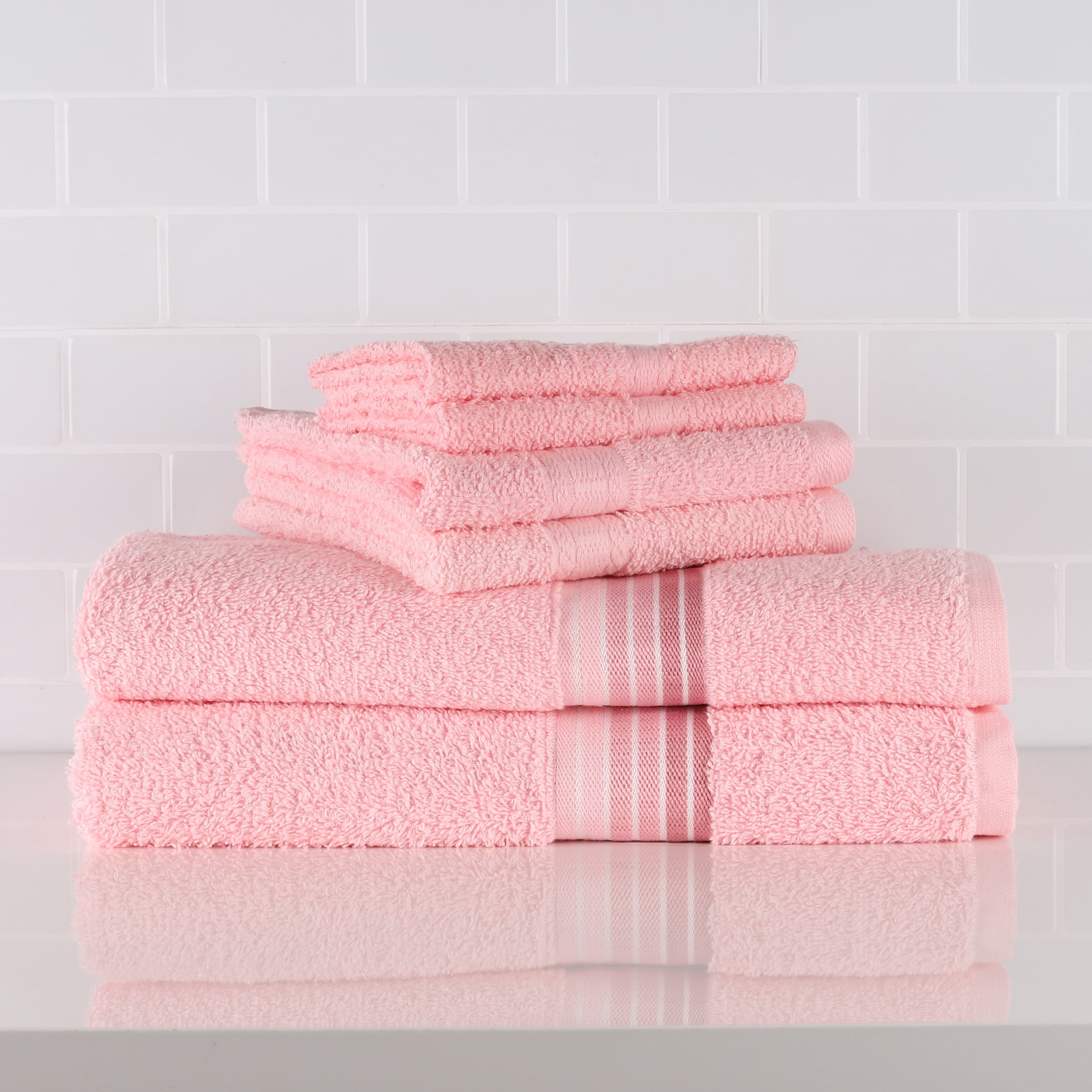 Mainstays 6 Piece 100% Cotton Towel Set, 2 Striped Bath , 2 Hand and 2 Washcloths,Super Soft and Highly Absorbent basic Premium Towel Set, for Bathroom, Hotels, Spa and Gym – Pink