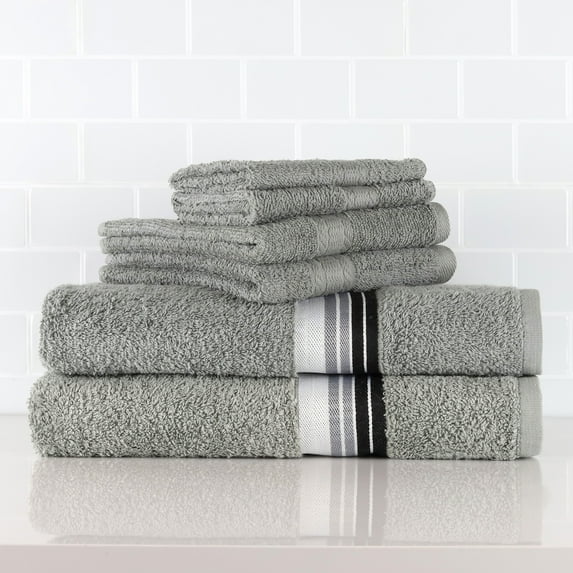 Mainstays 6 Piece 100% Cotton Towel Set, 2 Striped Bath , 2 Hand and 2 Washcloths,Super Soft and Highly Absorbent basic Premium Towel Set, for Bathroom, Hotels, Spa and Gym – Grey
