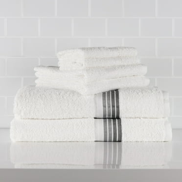 Mainstays 6 Piece 100% Cotton Towel Set, 2 Striped Bath , 2 Hand and 2 Washcloths,Super Soft and Highly Absorbent basic Premium Towel Set, for Bathroom, Hotels, Spa and Gym – White