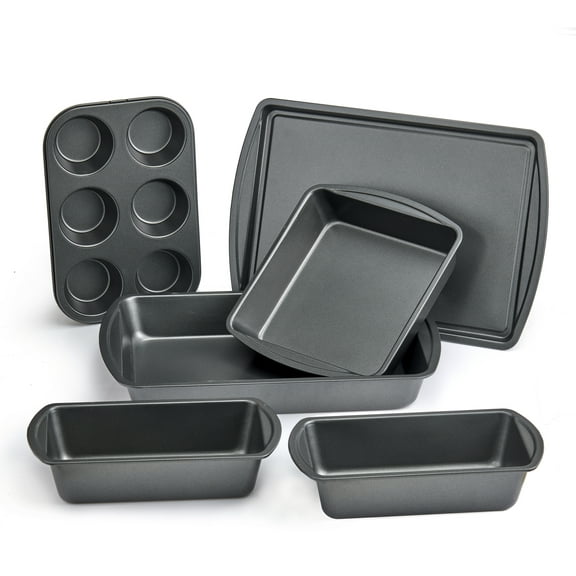 Mainstays 6 Piece Non-Stick Carbon Steel Bakeware Set with Cake, Muffin, Cookie and Loaf Pans, Gray
