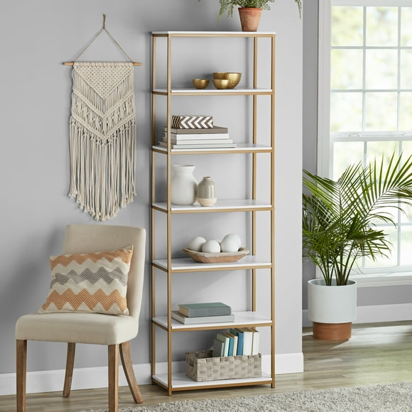 Mainstays 6-Shelf Gold Metal Frame Bookcase, White
