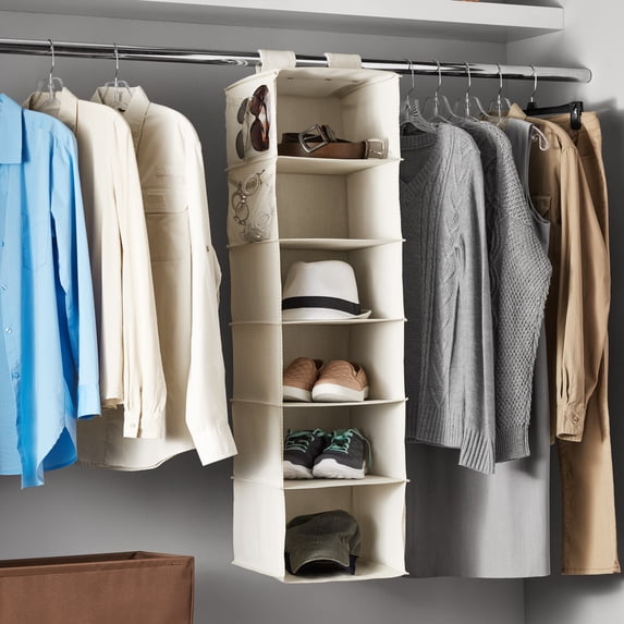 Mainstays Canvas 6-Shelf Hanging Closet Organizer for Shoes and Clothes, Beige