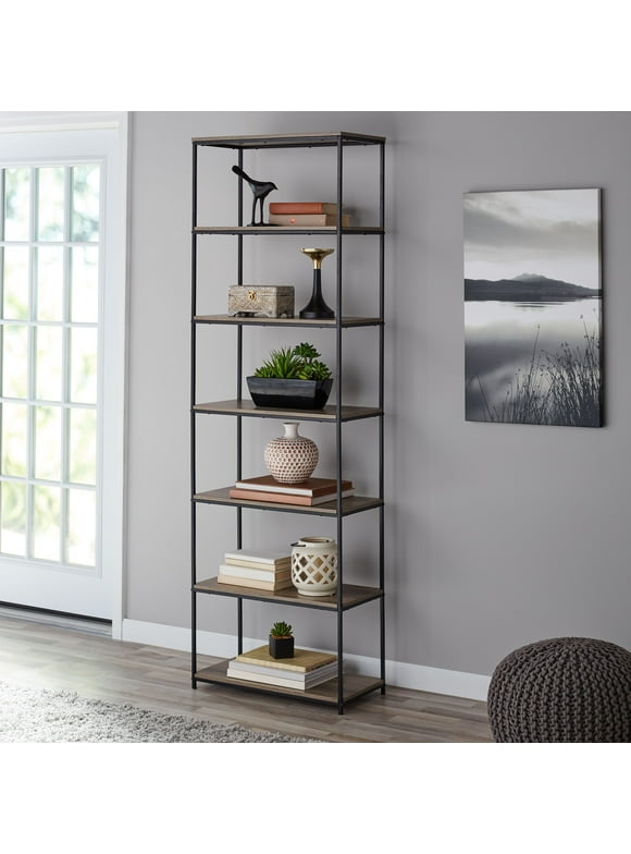 Mainstays 6-Shelf Metal Frame Bookcase, Rustic Brown