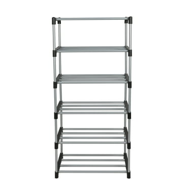 Mainstays 6 Tier Shoe Rack, Black and Silver, 8 Pairs of Shoes, Metal Tubes & Plastic Connectors