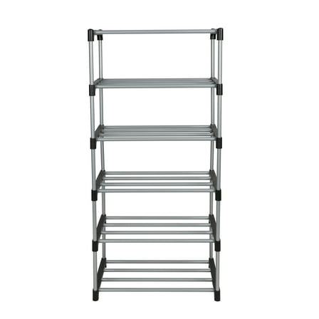 Mainstays Metal and Plastic Shoe Rack, 6-Tiers, 12 Shoe Pair Capacity, Space Saving Shoe Storage, Black & Silver