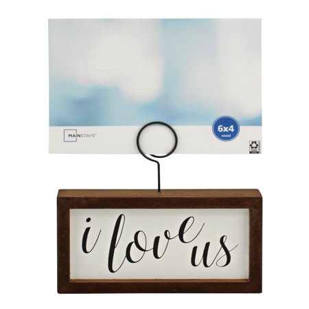 Mainstays 6" x 4" Rectangular 'I Love Us' Wood Table Top Single Clip Photo Stand, Brown