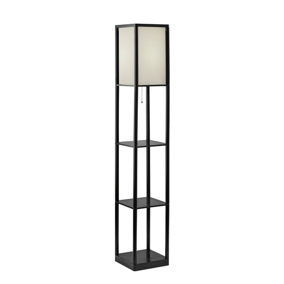 Mainstays 62" Plastic Black Shelf Floor Lamp, Sustainable White Fabric Shade ,Modern Design, New Condition, Adult and Dorm Room Use