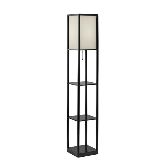 Mainstays 62 in Tall Shelf Floor Lamp, Black with White Fabric Shade, Classic, Adult use.
