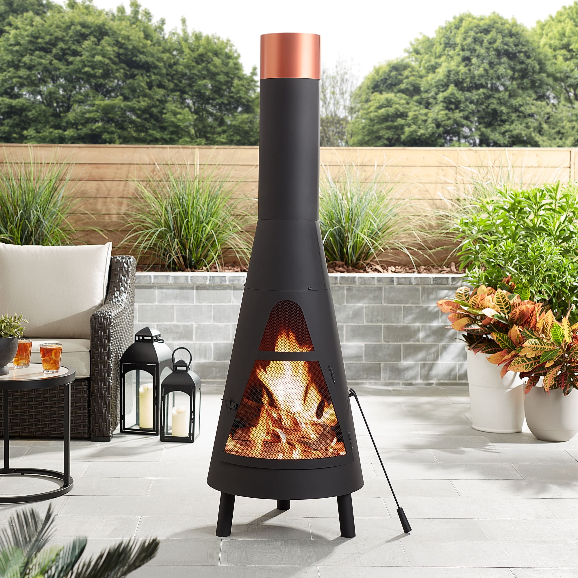 Mainstays 67” Round Powder-Coated-Black Finish Steel Wood Burning Chiminea  - Walmart.com
