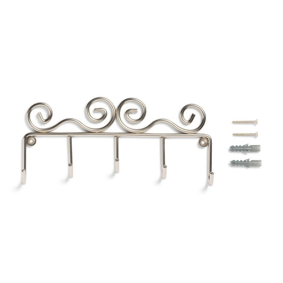 Mainstays 7.25 inch Shelf Mail and Key Wall Mount Rack Organizer with 5 Key Hooks for Leashes, Keychains, 2 lbs Capacity, Satin Nickel, 1 Pack