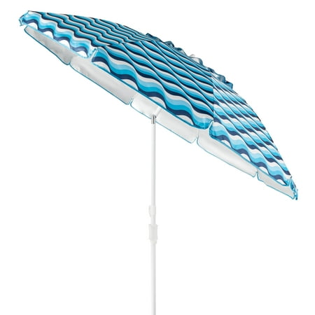 Mainstays 7.5' Beach Umbrella with Tilt, Sand Anchor, Blue Wave Print, UV 50+ Sun Protection, 94"