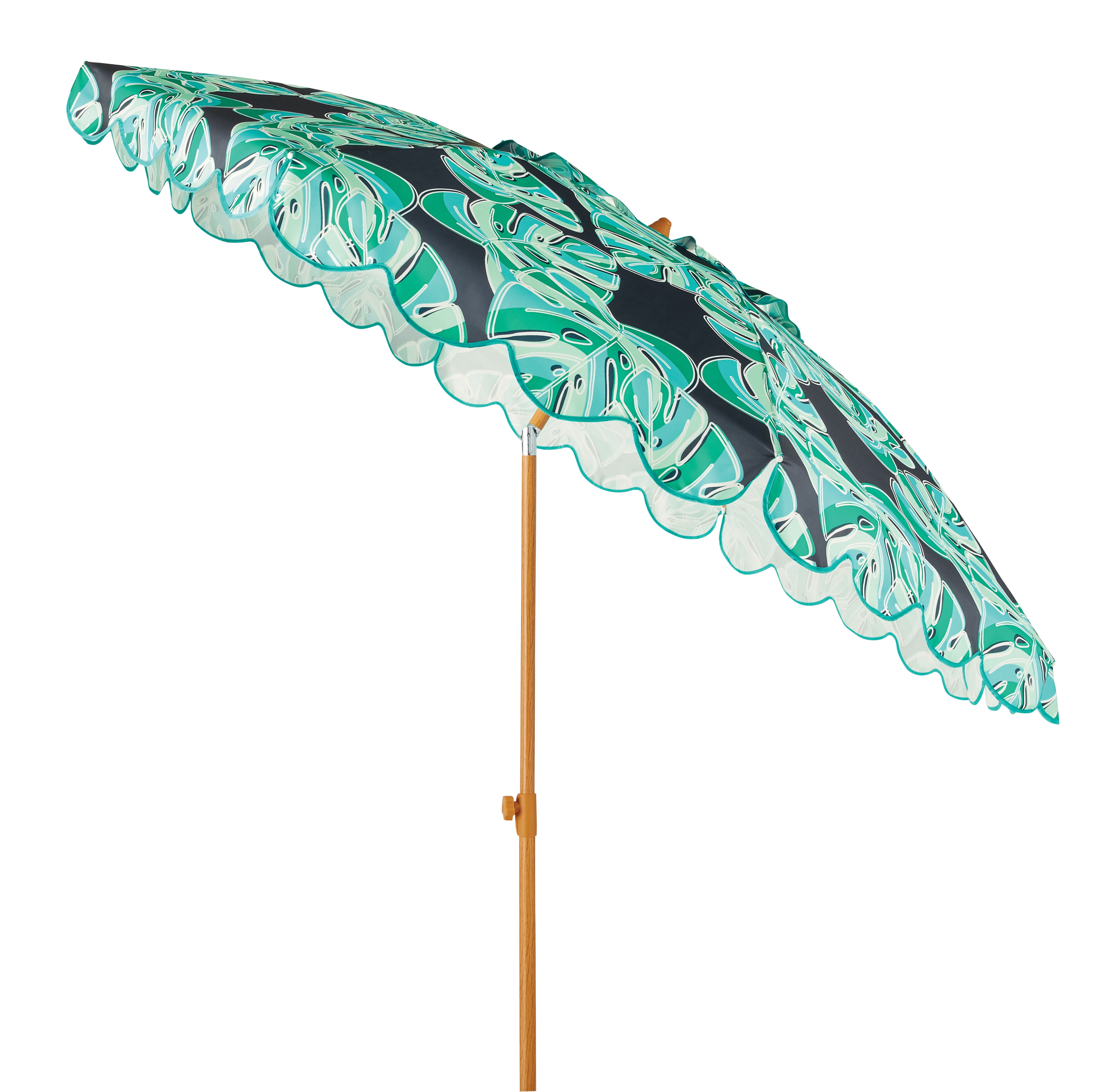 Mainstays 7.5' Resort Beach Umbrella with Tilt, Sand Anchor, Blue Monstera Color, Scallop flap, UV 50+ Sun Protection, 94" - Walmart.com