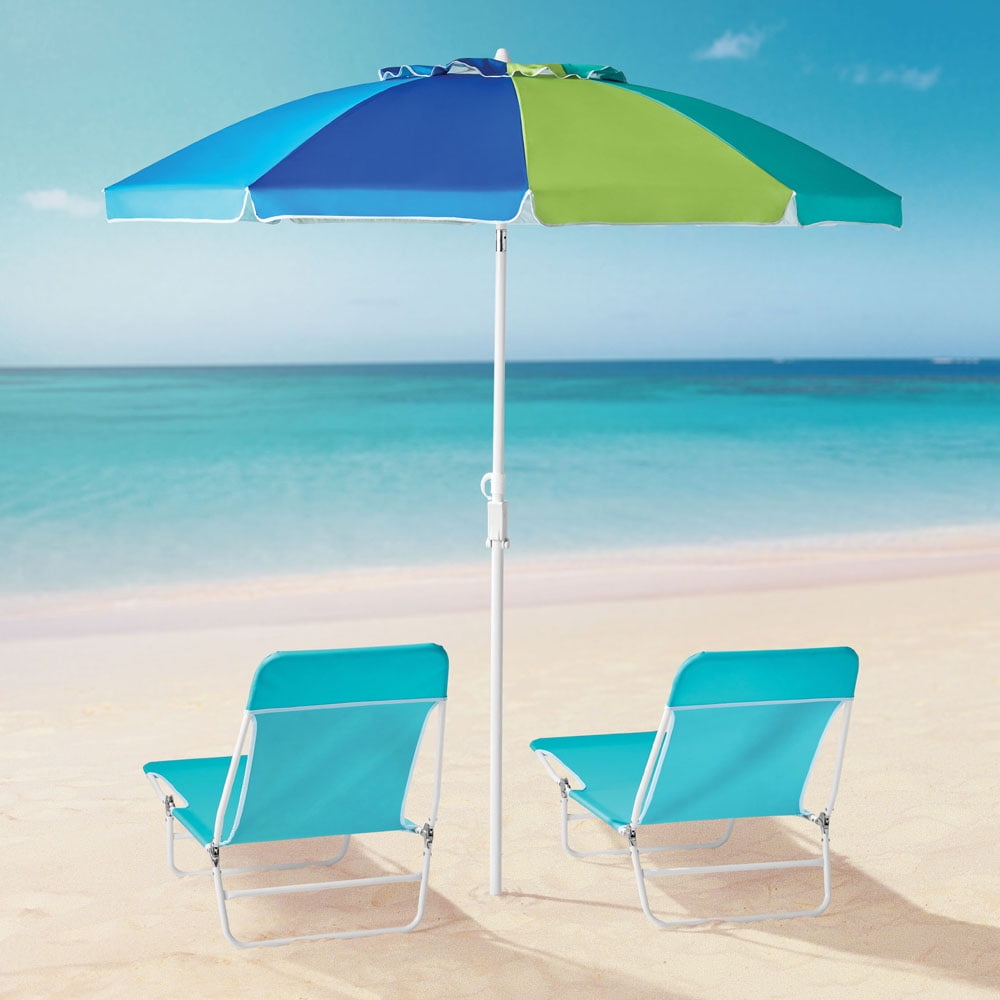 Mainstays 7. 5 feet Beach Umbrella with Tilt, Sand Anchor, UV