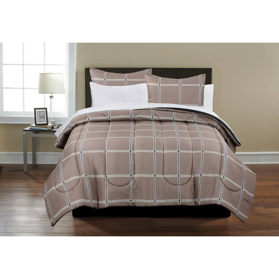 Mainstays 7-Piece Beige Plaid Bed in a Bag, Queen