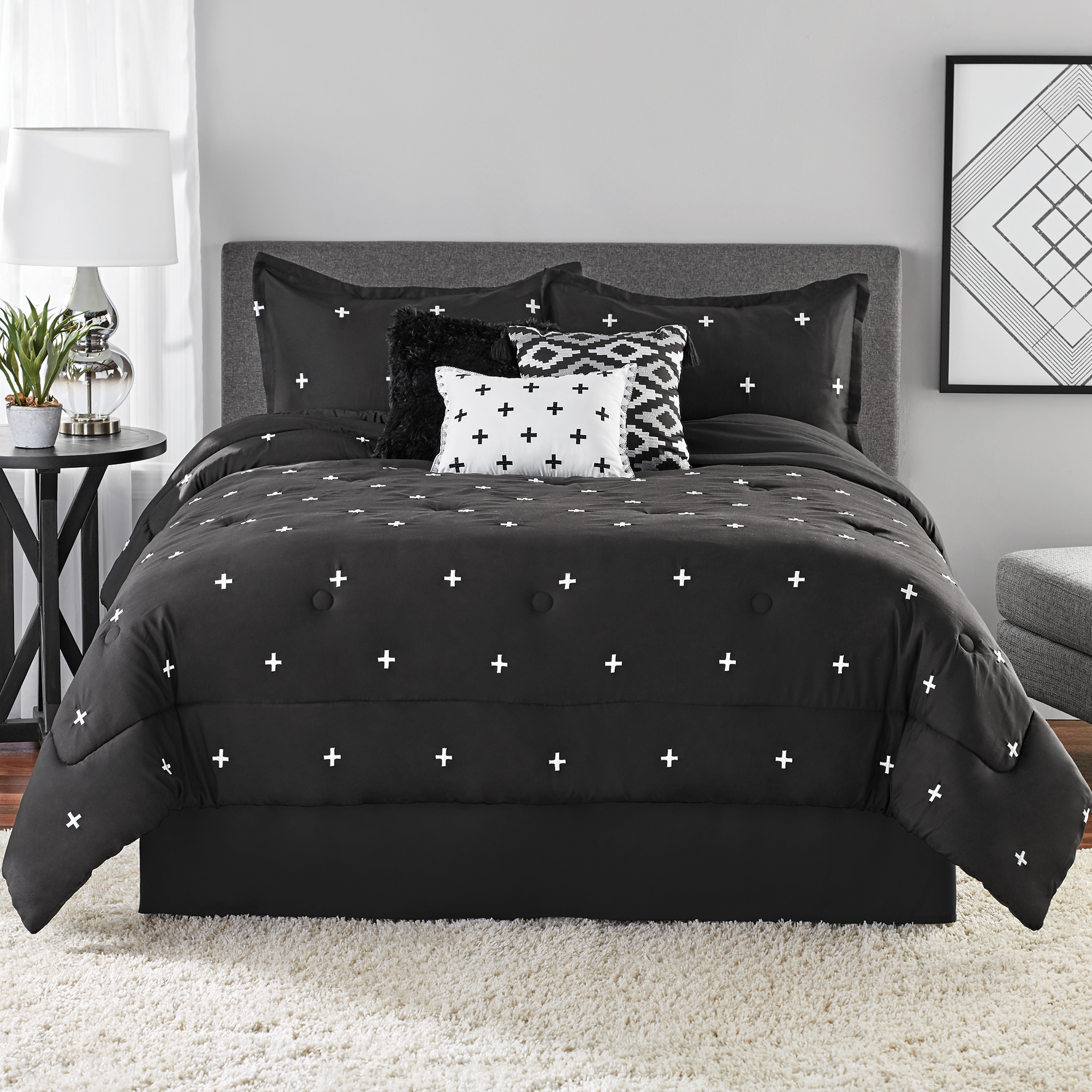 Mainstays 7-Piece Black Embroidered Comforter Bedding Set, Full/Queen - image 1 of 6
