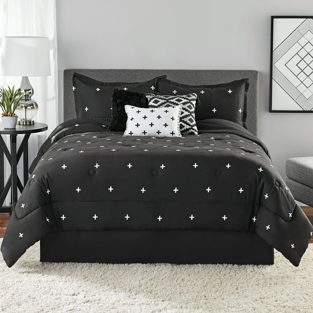 Mainstays 7-Piece Black Embroidered Comforter Bedding Set, Full/Queen