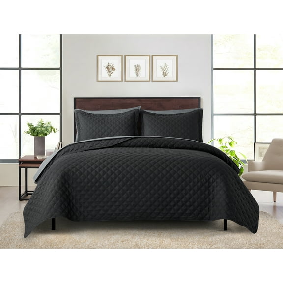 Mainstays All in One Reversible Quilt Set and Sheet Set- 7 Piece, King, Black