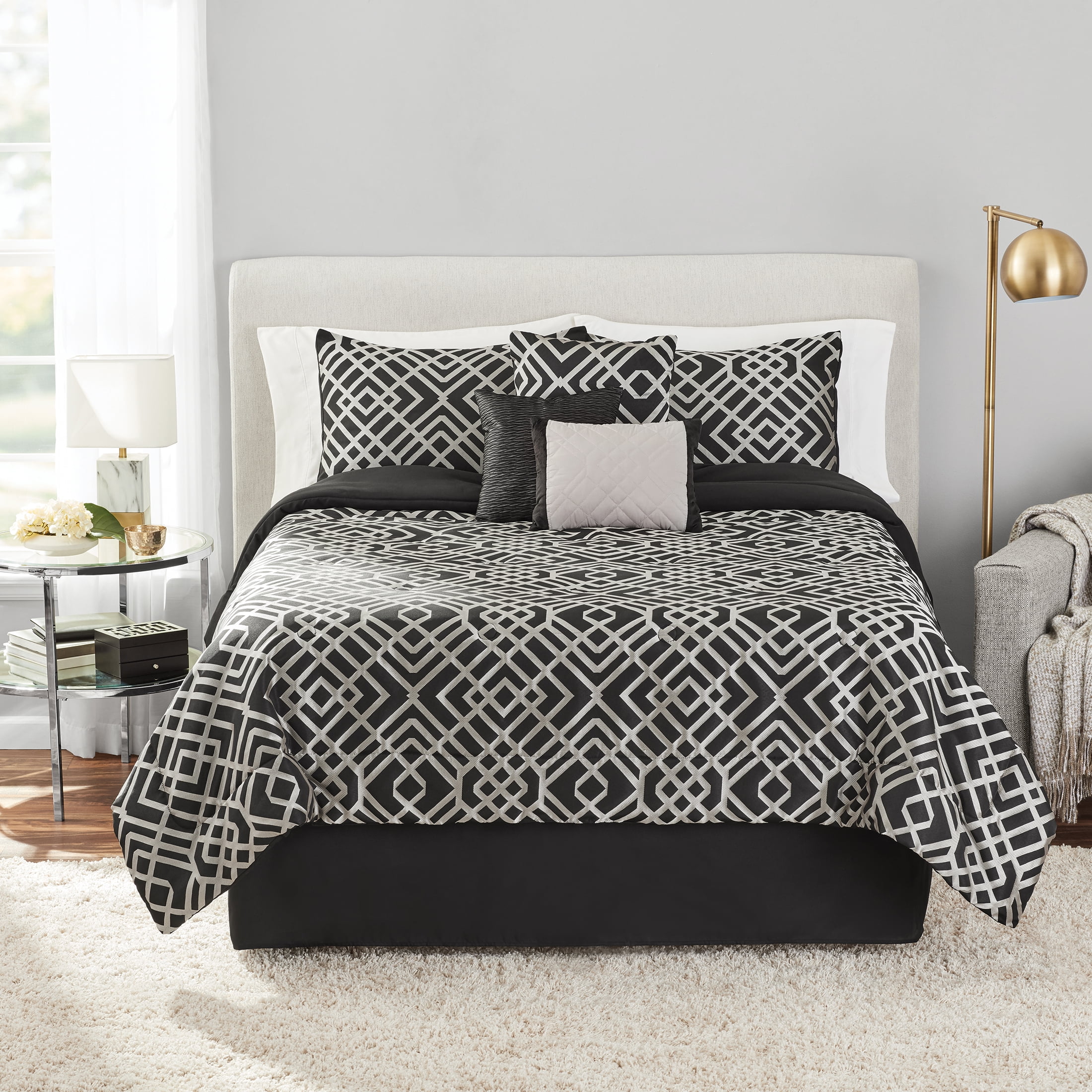 Mainstays Glen 7-Piece Black/Gold Geometric Polyester Comforter Set, King
