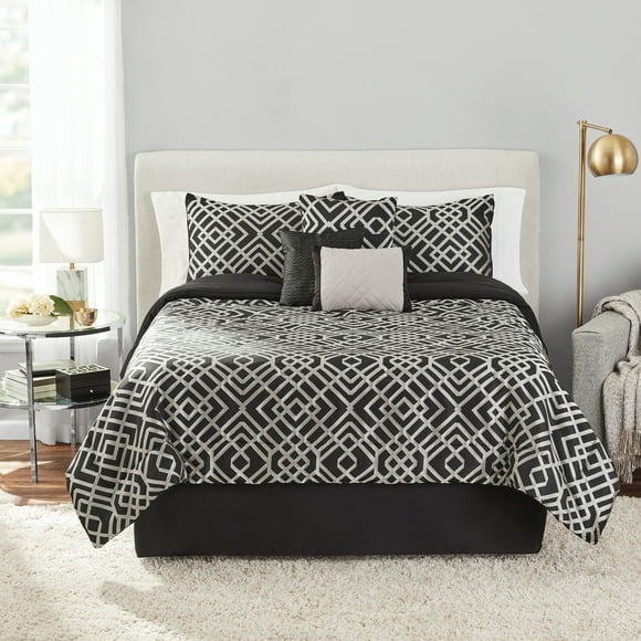 Mainstays 7-Piece Black and Gold Glen Geometric Comforter Set, Adult, King