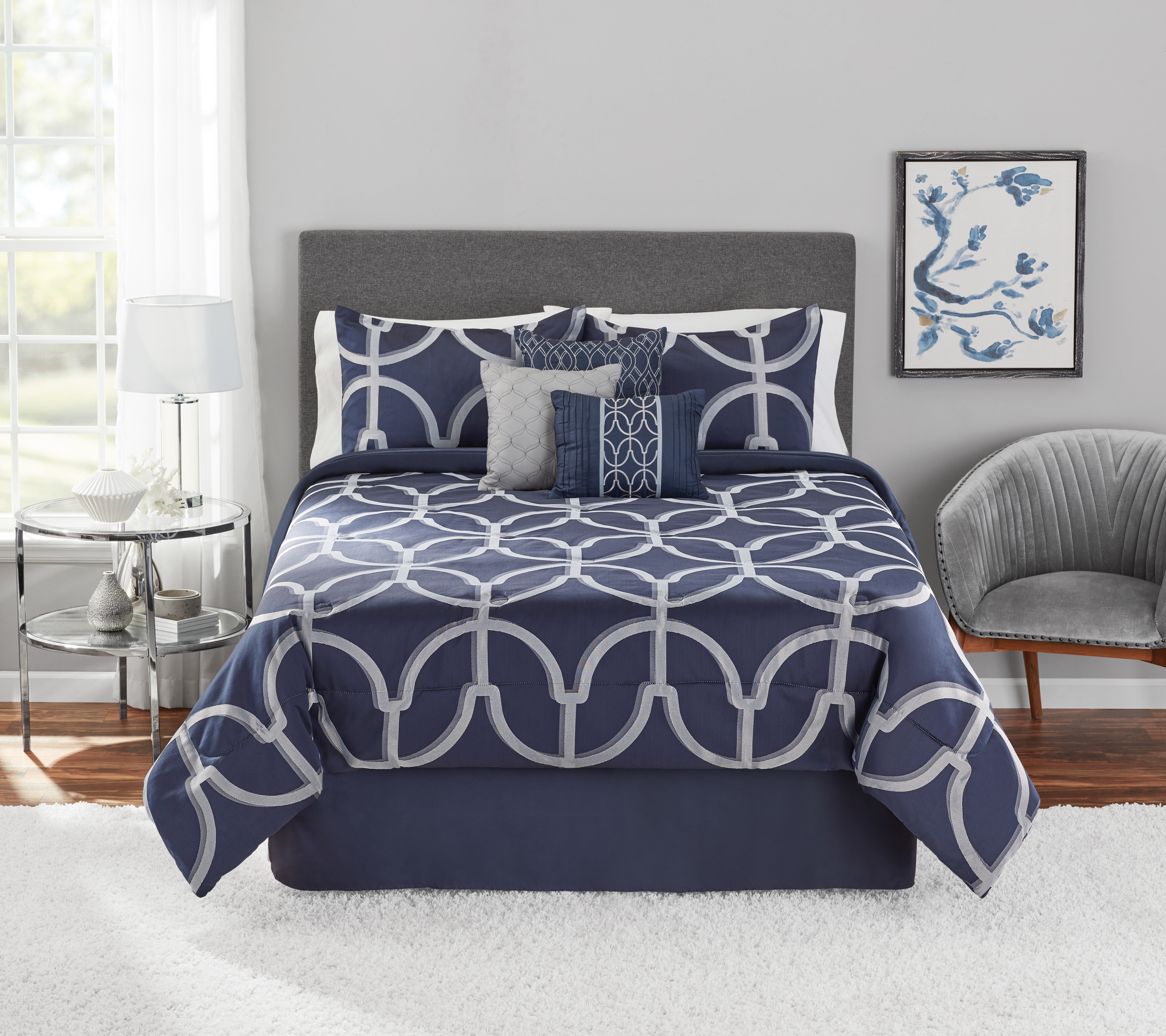 Mainstays 7-Piece Blue Geometric Jacquard Comforter Set, Full/Queen