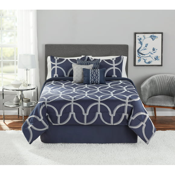 Mainstays 7-Piece Blue Geometric Jacquard Comforter Set, Full/Queen