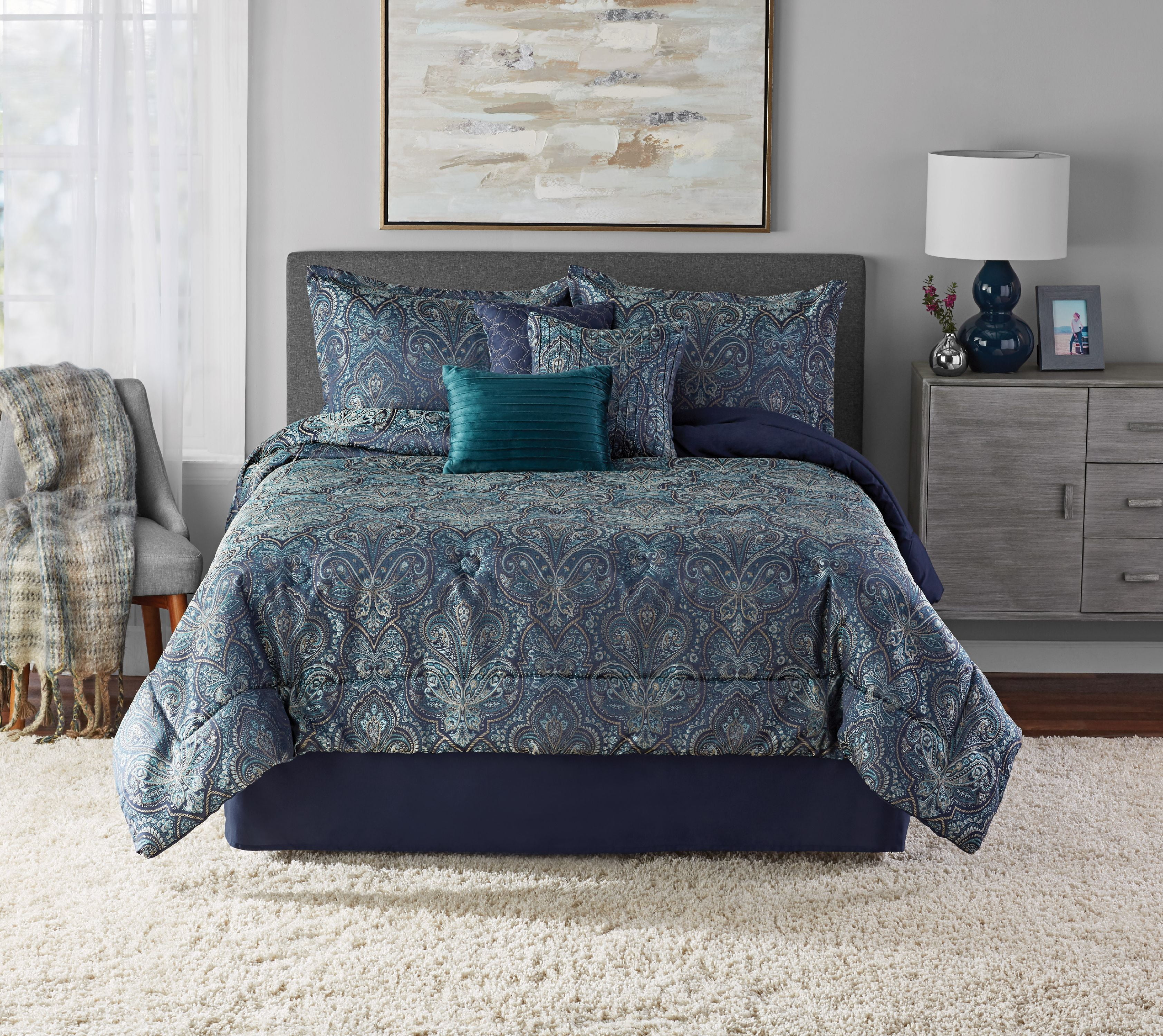 Mainstays 7-Piece Damask Comforter Set, Teal, King, Shams, 3 Dec Pillows and Bed Skirt