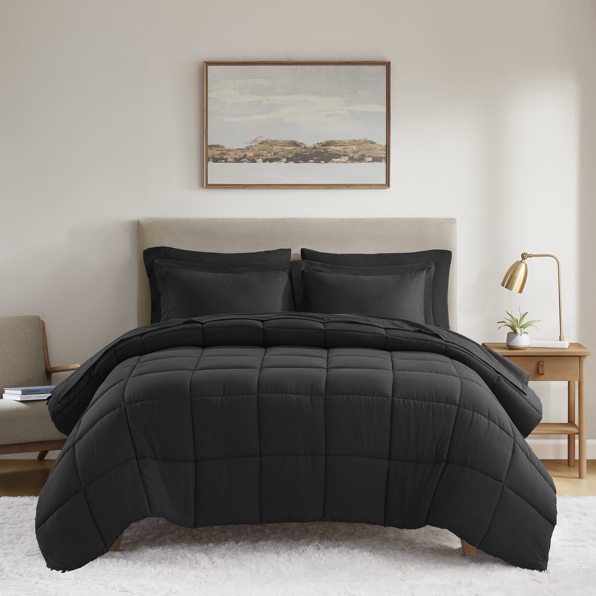 Mainstays All in One Down Alt Reversible Comforter and Sheet set- 7 Piece, King, Black