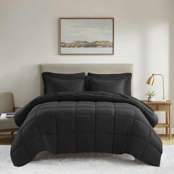 Mainstays All in One Down Alt Reversible Comforter and Sheet set- 7 Piece, Queen, Black
