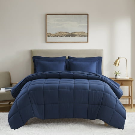 Mainstays All in One Down Alt Reversible Comforter and Sheet set- 7 Piece, Full, Navy
