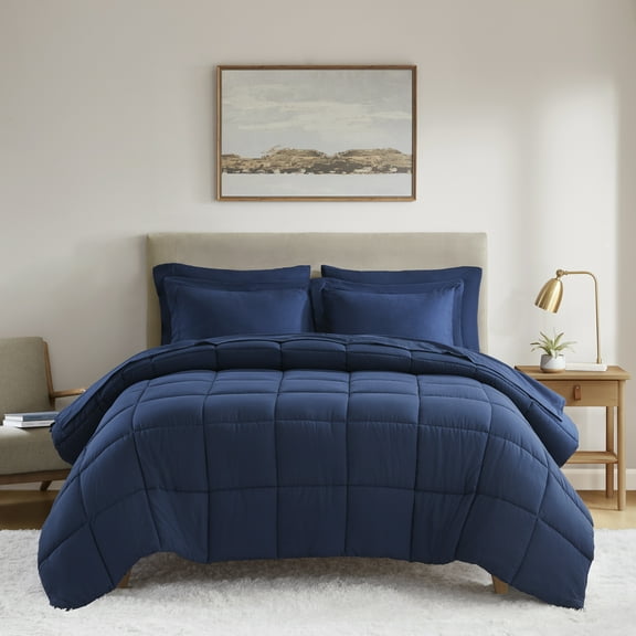 Mainstays All in One Down Alt Reversible Comforter and Sheet set- 7 Piece, Queen, Navy