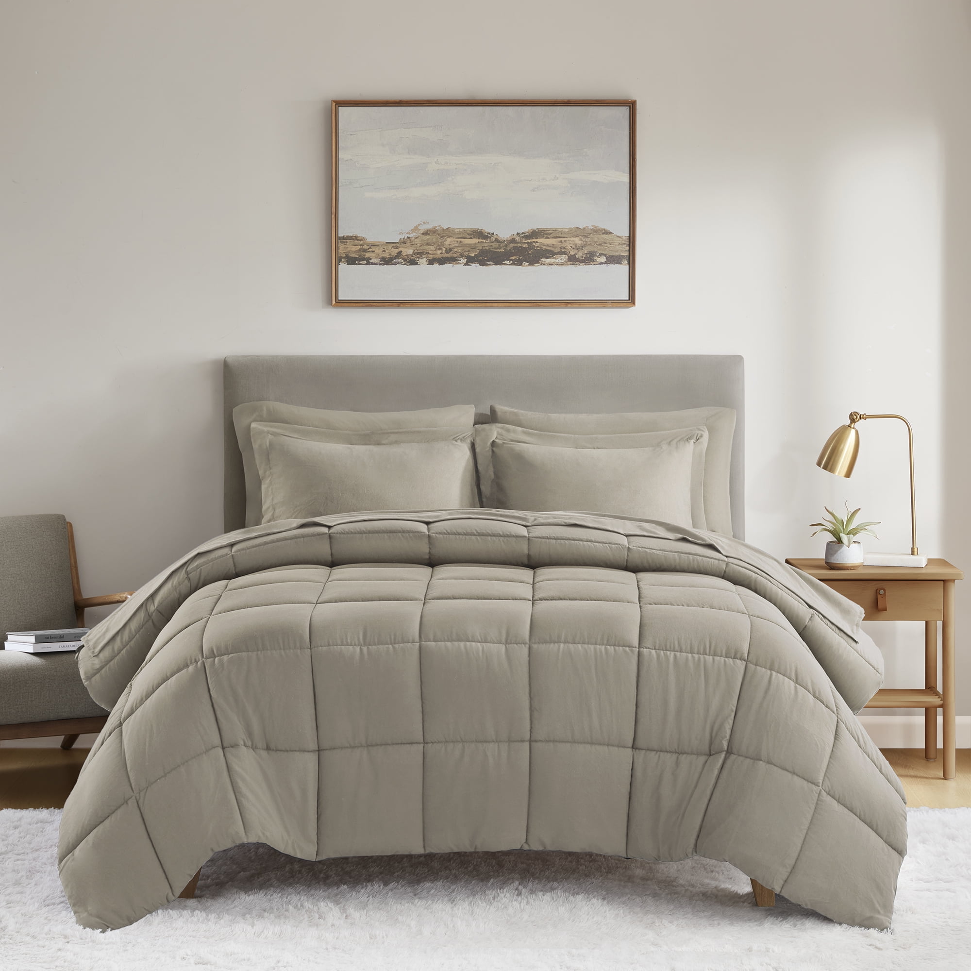 Mainstays All in One Down Alt Reversible Comforter and Sheet set- 7 Piece, King, Stone