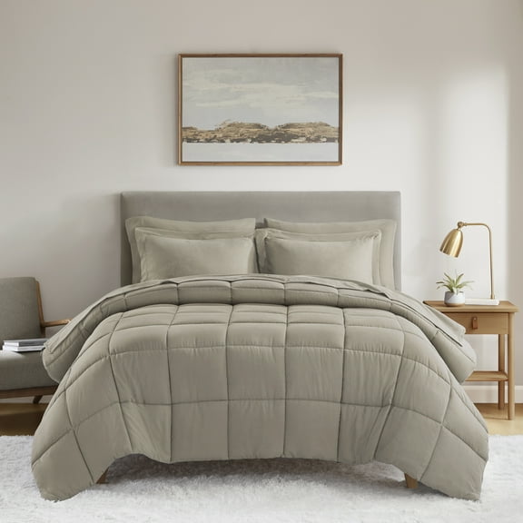 Mainstays All in One Down Alt Reversible Comforter and Sheet set- 7 Piece, Queen, Stone