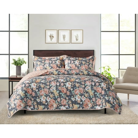 Mainstays All in One Lightweight Quilt Set and Sheet Set -7 Piece, Full, Gray Floral