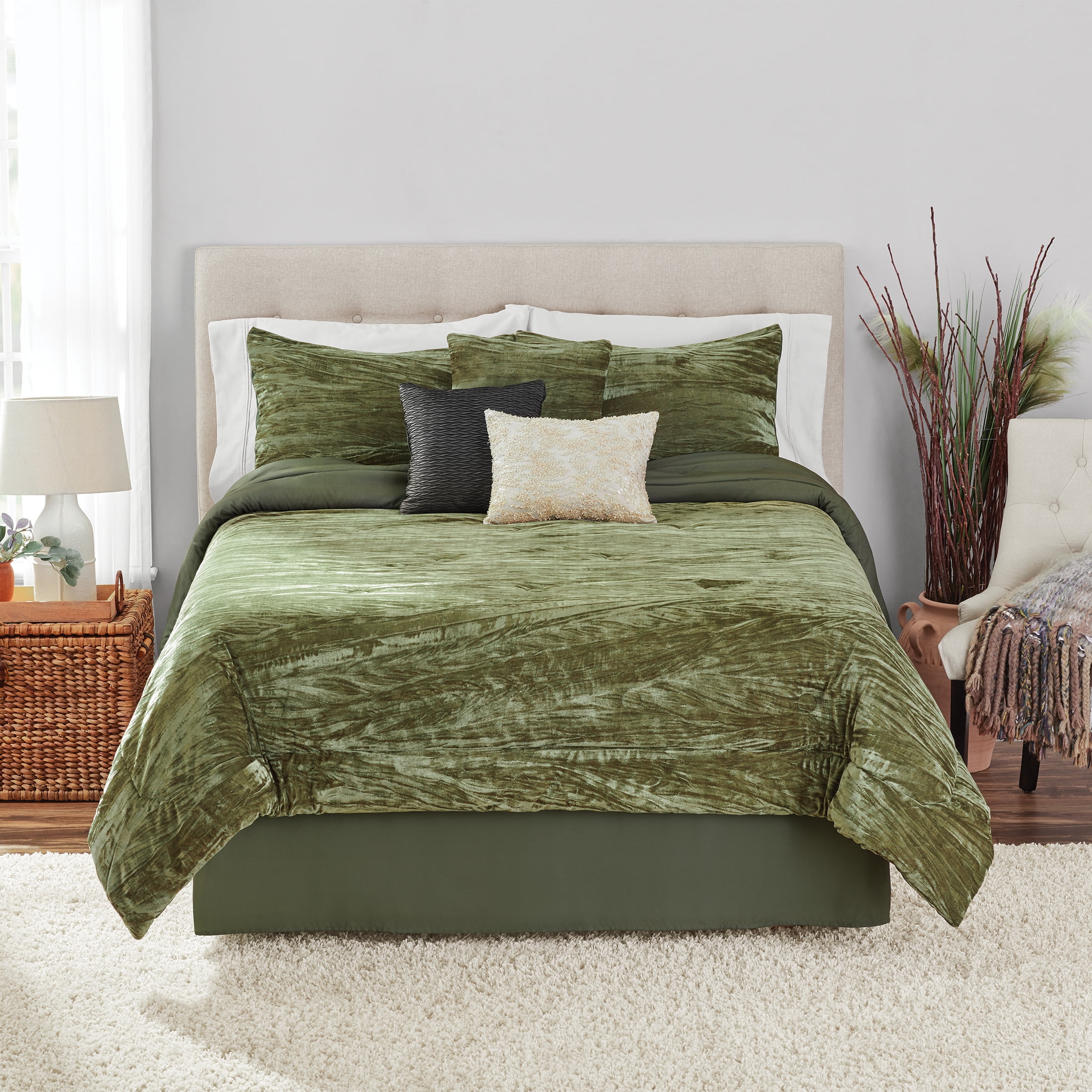 Mainstays 7-Piece Green Crinkle Textured Comforter Set, Full/Queen