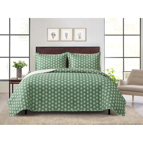 Mainstays All in One Lightweight Quilt Set and Sheet Set -7 Piece, Full, Green Floral