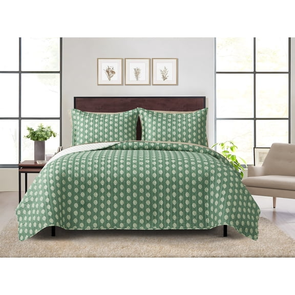 Mainstays All in One Lightweight Quilt Set and Sheet Set -7 Piece, Full, Green Floral